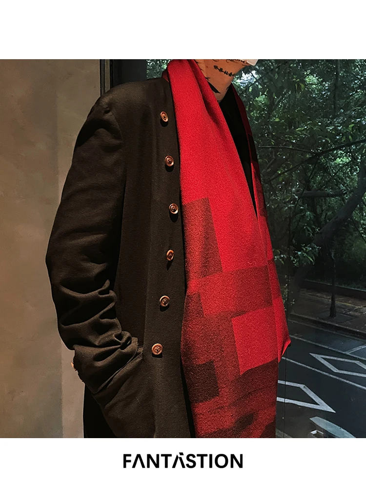 FANTASTION Original Design  Red woolen coat with a red scarf dark style Thick coat oversized Casual coat  autumn and winter