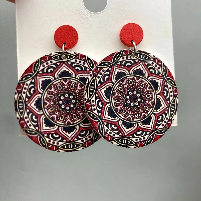 Ethnic Vintage Round Printed Wooden Earrings for Women Simple Muticolor Flower Pattern Drop Earring Daily Party Jewelry