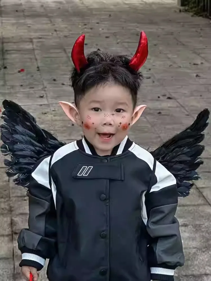 어린이용 악마 의상 4종 액세서리 세트 빨간 뿔 머리띠 검은색 천사 날개 엘프 귀 코스프레 의상 키트 남아 여아용