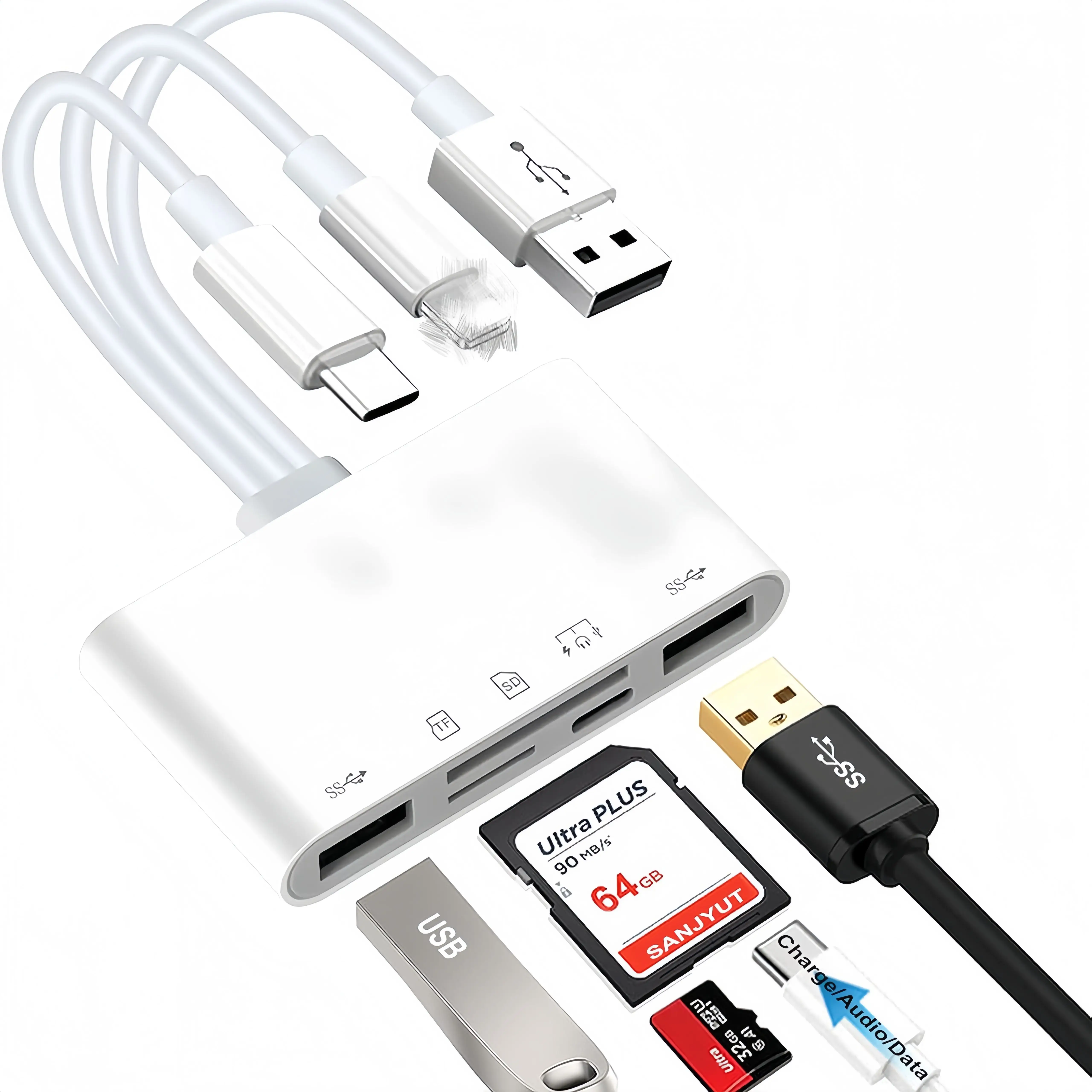 10 Buah Adaptor USB OTG Multi-perangkat 5-in-1 untuk Slot Kartu Micro SD TF Mendukung Pengisian Daya SD/Micro SD/SDHC/SDXC/MMC Kompatibel IPho