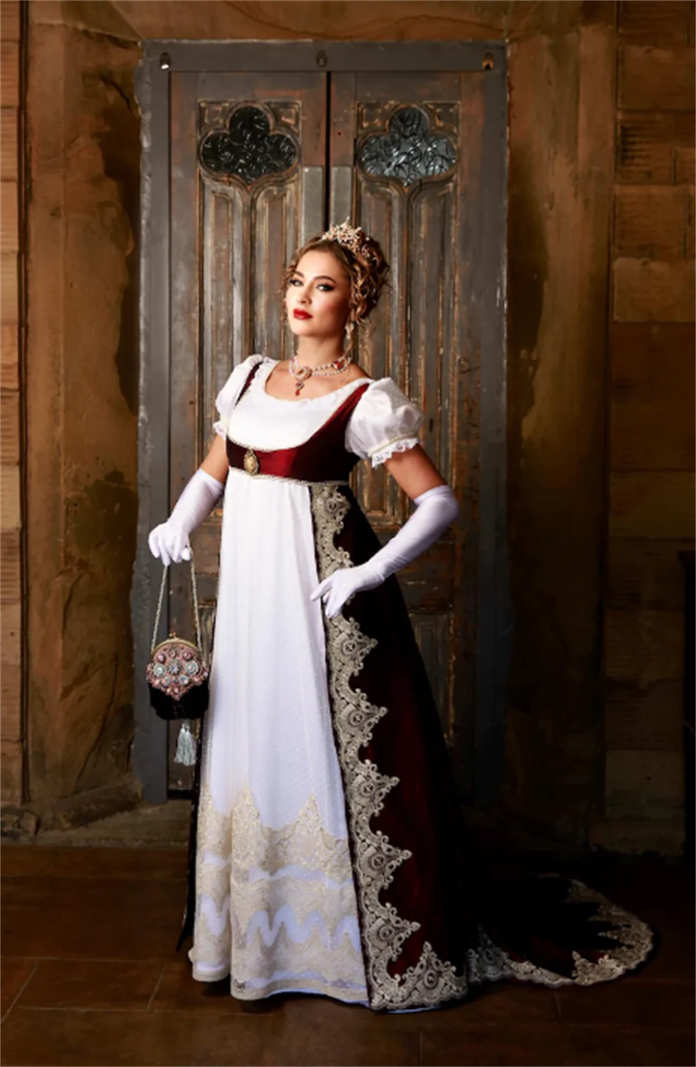 

Luxurious Regency Empire Josephine Dress High Waistline Victorian Jane Austen Evening Train Dress Ball Gown with Spencer Robe
