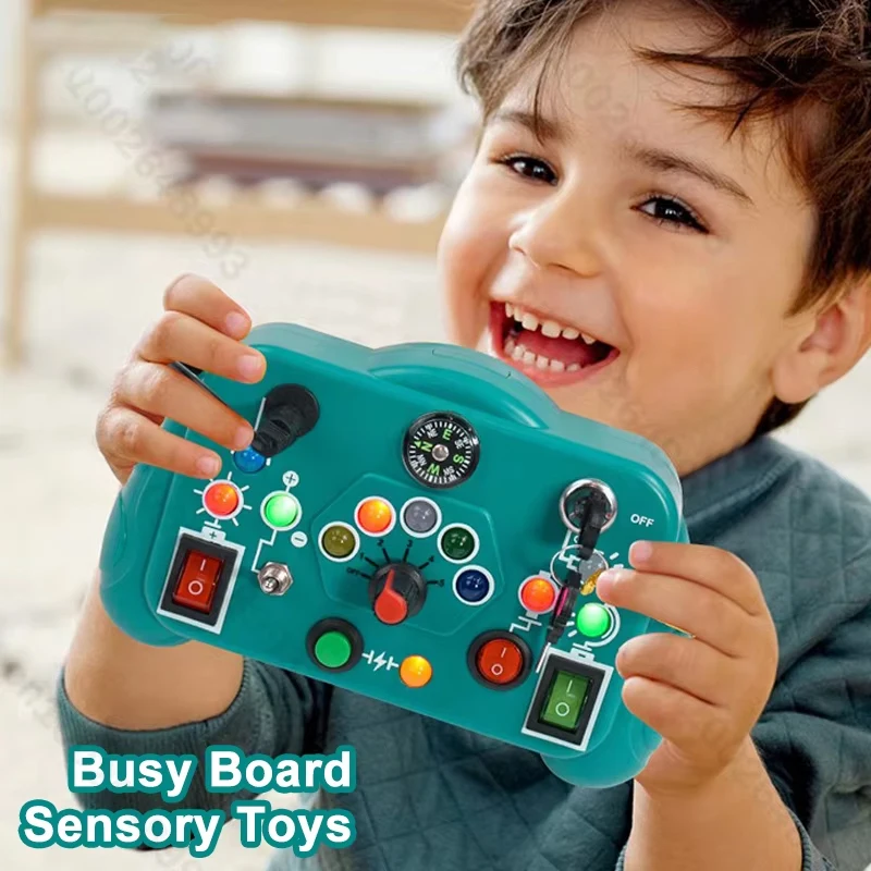 

Монтессори Busy Board Сенсорные игрушки Мультфильм со светодиодным переключателем света Плата управления Портативная электрическая игрушка-головоломка для детей 2-4 лет