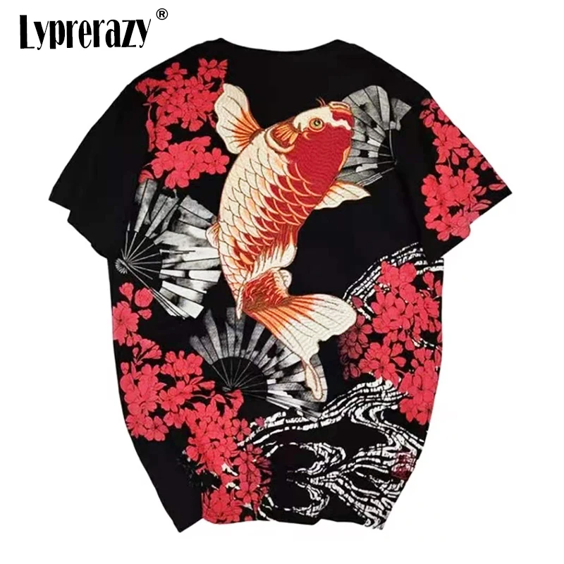 Lyprerazy Men\'s Japanese Harajuku Ukiyoe Vintage Embroidered T-shirt Embroidery Floral Chinese Style Carp Fish T Shirt