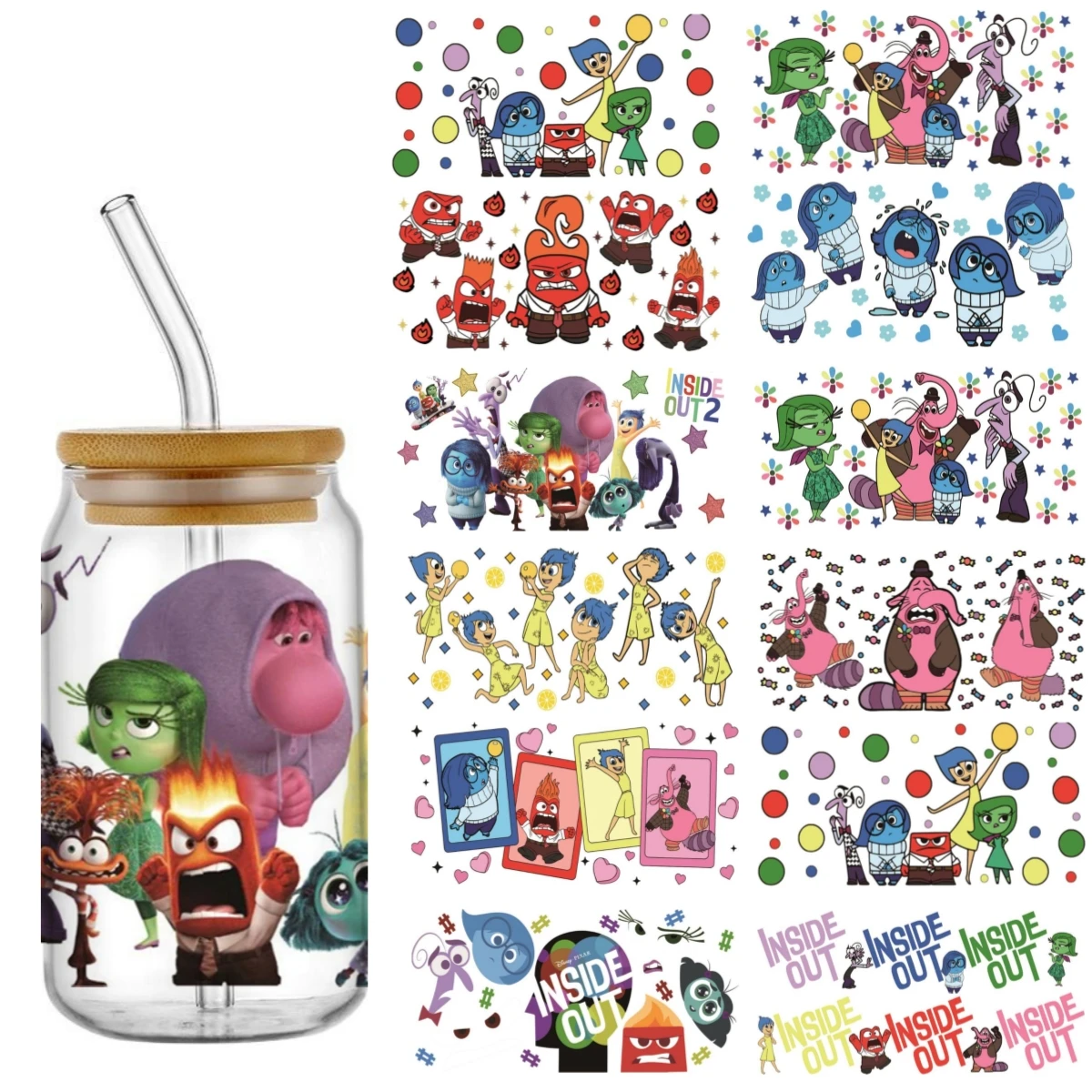 

Miniso Inside Out 2 Emotions UV DTF Cups Wraps Transfer Libbey 16oz Glass Tumbler Waterproof DIY 3D Decal For 16oz Libbey