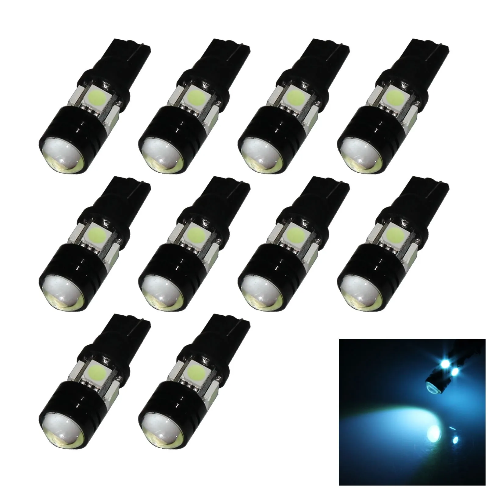 10x Ice Blue Car T10 W5W Generation Bulb Interior Light Lens 5 Emitters 4 5050 SMD + 1 COB LED 184 192 193 A008-BB