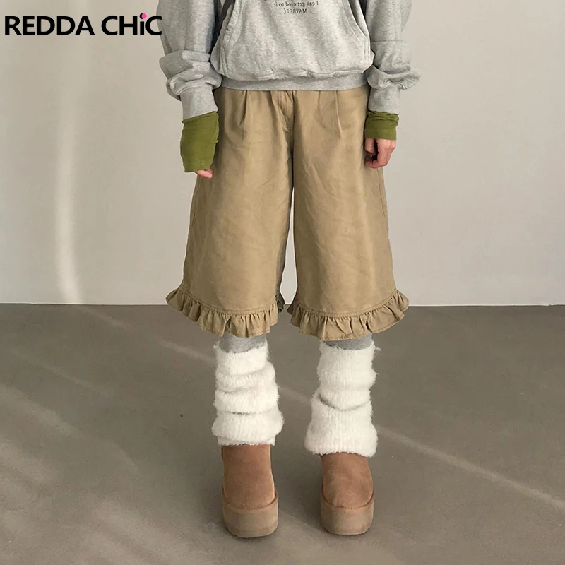 

ReddaChic женские плиссированные джинсовые шорты спереди однотонные цвета хаки с рюшами по подолу и карманами с высокой талией мешковатые джерсы повседневная винтажная летняя одежда