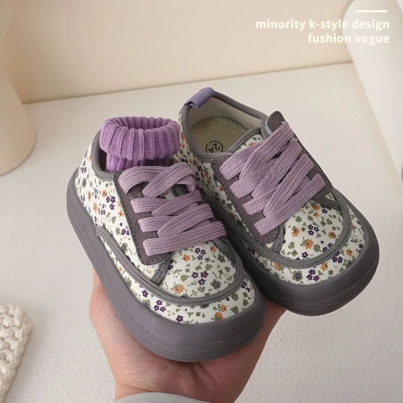 Spring Children Canvas Shoes Girls Fashion Floral Print Sneakers Boys Retro Breathable Cloth Shoes Baby Soft Bread Shoes