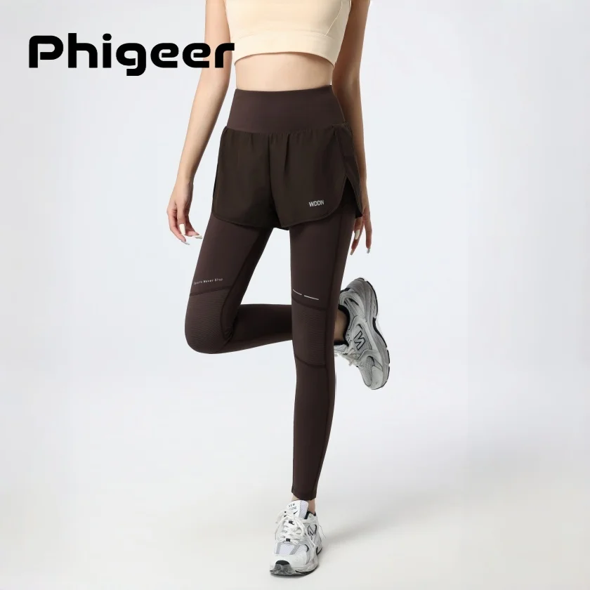 

PHIGEER Women's 2 In 1 Yoga Leggings With Shorts, High Waist Running Workout Pants, Lightweight Quick Dry Tight Sports Trousers