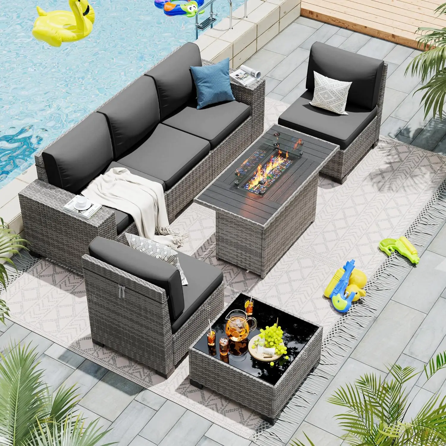 Patio Furniture Set with Gas Firepit Table, Outdoor Sectional Conversation Sets Featuring Widen Wicker Armrests and High Back