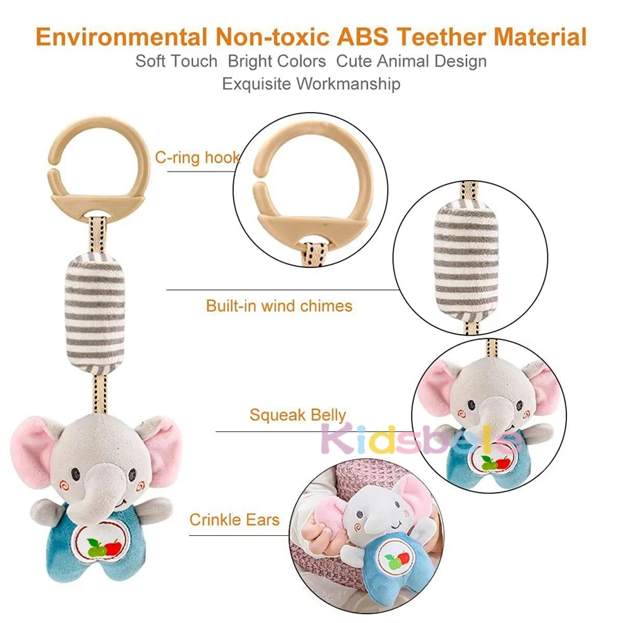 Cute Animal Plush Hanging Toy for Cribs & Car Seats – Early Education Sensory Toy with Teether & Mirror for Baby