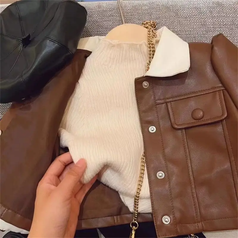 

Korean Style Brown PU Leather Baby Boys Girls Jackets Turundown Collar Coats Autumn Single Breasted Toddler Cardigans