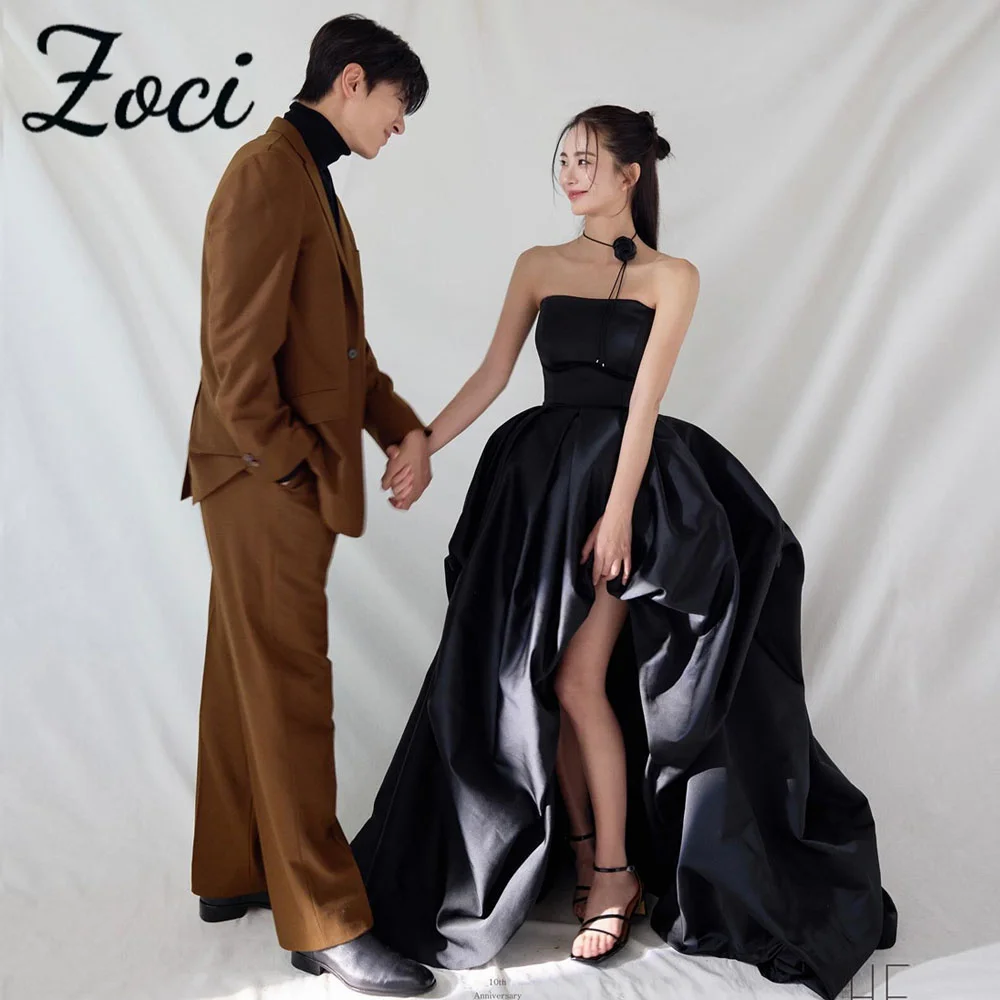 

Zoci Strapless Black Korea Evening Dresses High Low 웨딩드레스 Elegant Satin A Line Bride Party Gown Customized Photos Shoot Dress