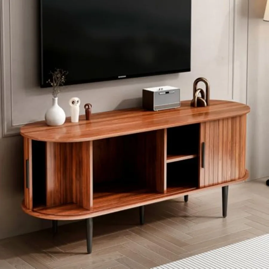 حامل تلفزيون مخدد مع باب منزلق ومركز ترفيه حديث مع خزانة تخزين وأدراج لغرفة المعيشة في منتصف القرن #2