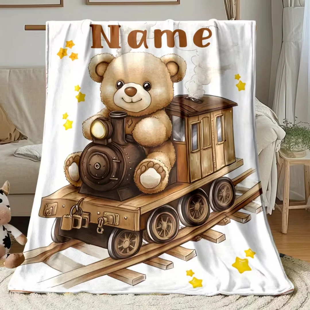 Personalized Train Pattern Teddy Bear Flannel Throw Blanket | Custom Name, Lightweight for Camping Living Room Office Chair Bed