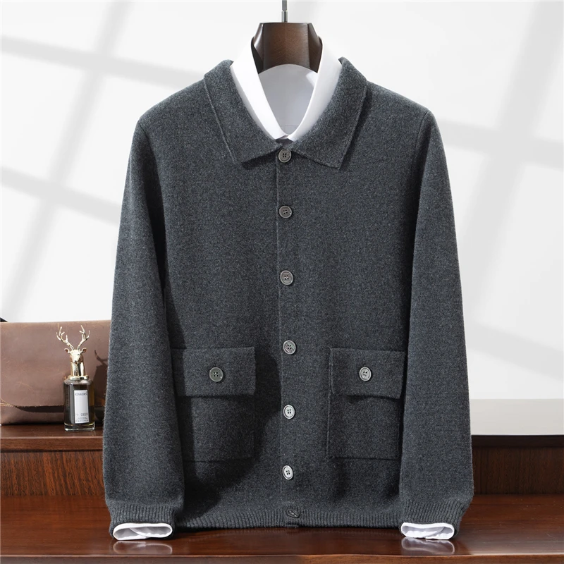 Autumn Winter New Chinese Style Button 100% Wool Cardigan Men Stand Collar Sweater Jacket National Style Fashion Knitted Shirt