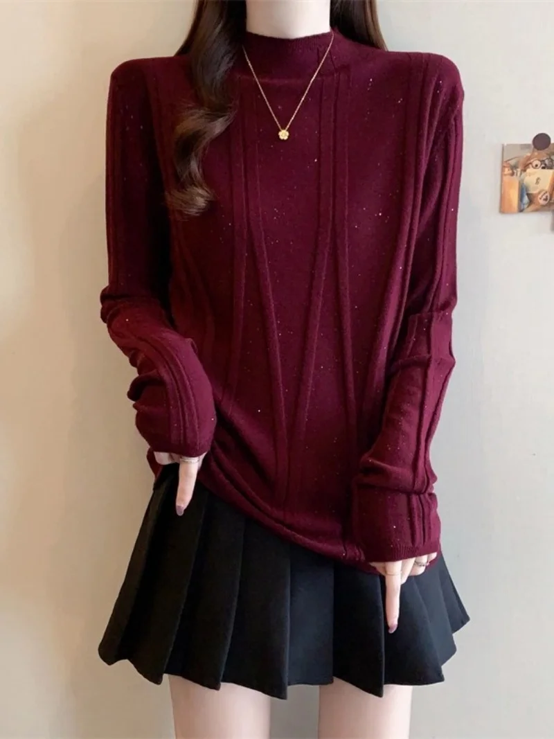 

Винно-красный сверкающий вязаный свитер с полувысоким воротником для женщин, осень и зима 2025, новый большой размер, пуловер с верхней базой, рубашка W973