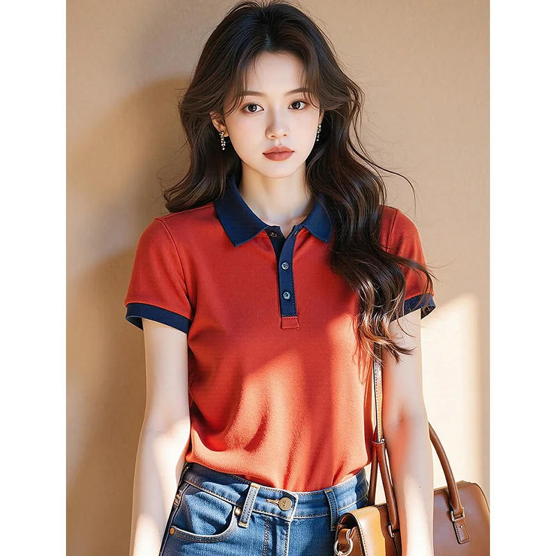 Office Lady Red Blue Contrasting Polo Collar Short-sleeved T-shirt Summer Women Sweet Chic Pullover Knitted Tops