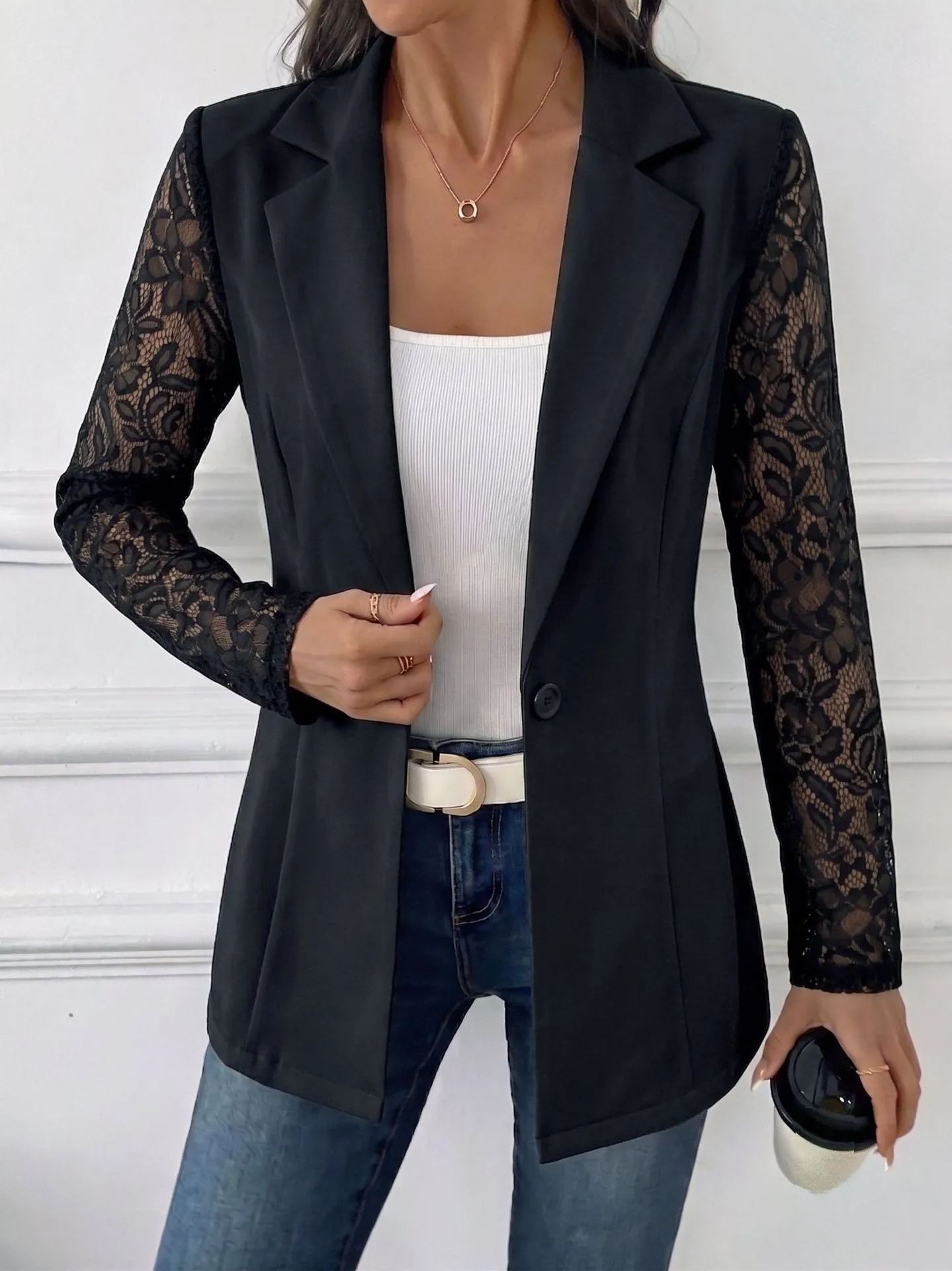 Long Sleeve Patchwork Coat Mid Length Commuter Chic with Autumn No Hood Medium Length Moderate Thickness V Neck Women Suit