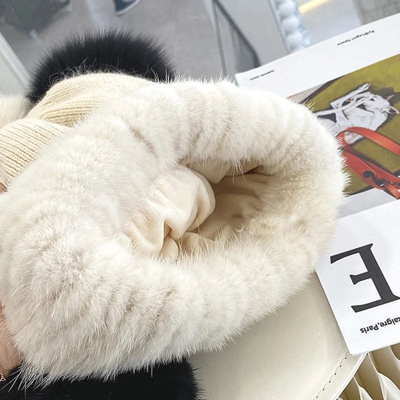 Top Quality Women\'s Winter Knitted Wool Belend Patchwork Real Mink Fur Hat Cap Natural Fox Fur Pom Poms Beanie Lady Fashion