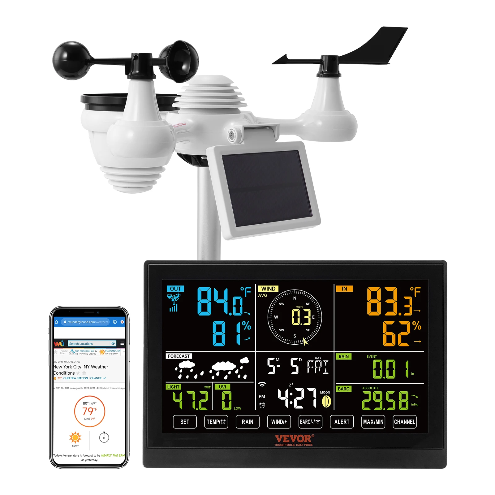 VEVOR 7-in-1 Wi-Fi Weather Station, 7.5 in Color Display, Home Weather Station Indoor Outdoor, w/ Solar Wireless Sensor  Alarm