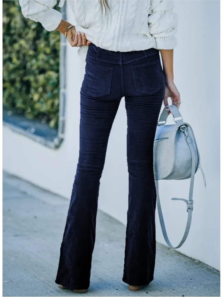 Spring Autumn Solid Color High Waist Slim Micro Flared Pants Women's Corduroy Elastic Waist Casual Long Pants Office Lady Pants