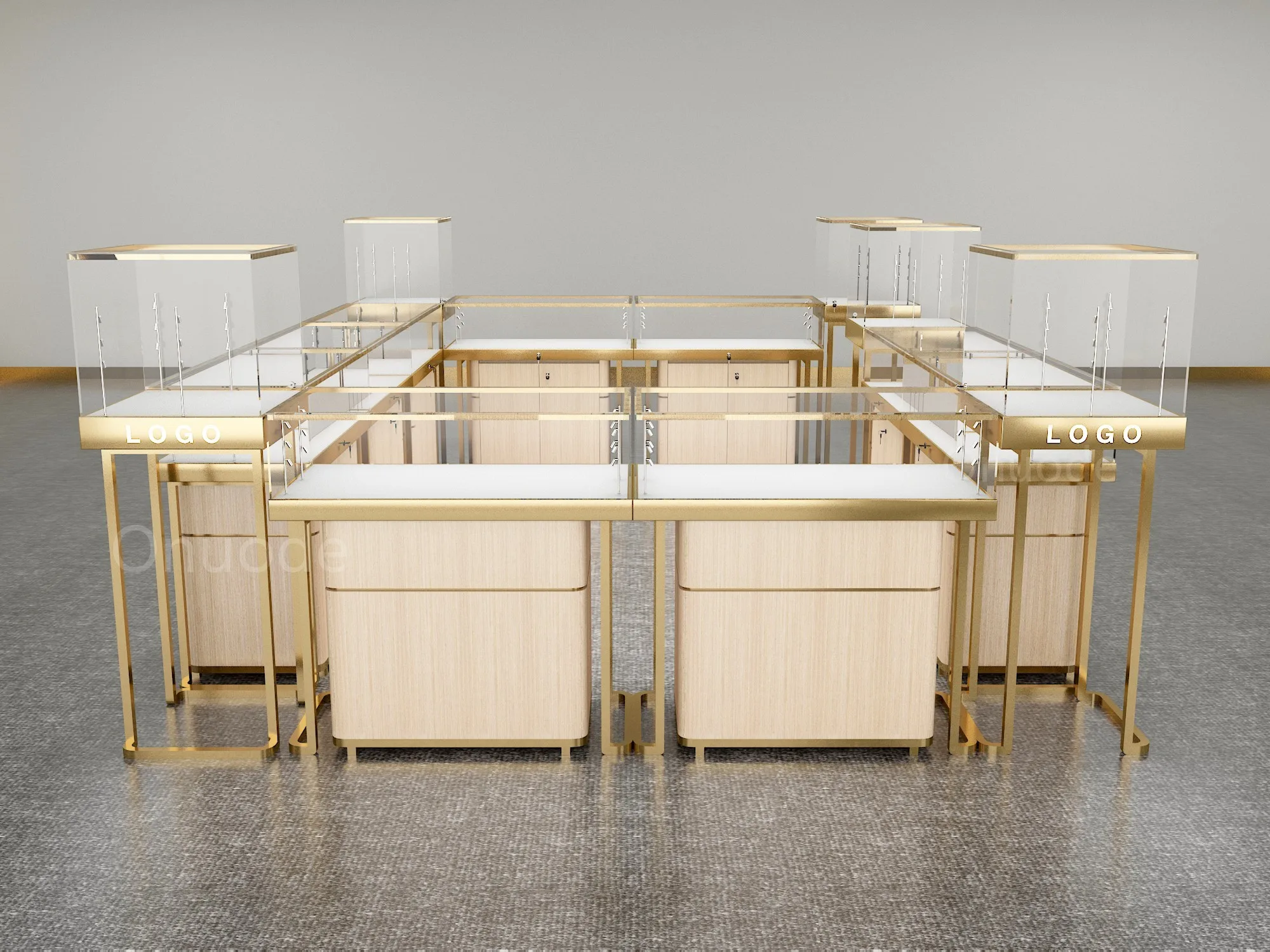 Custom.Modern Luxury Jewelry Display Showcase untuk Showroom Toko Ritel Pusat Perbelanjaan Lampu LED Kaca Tempered Logam MDF Perhiasan