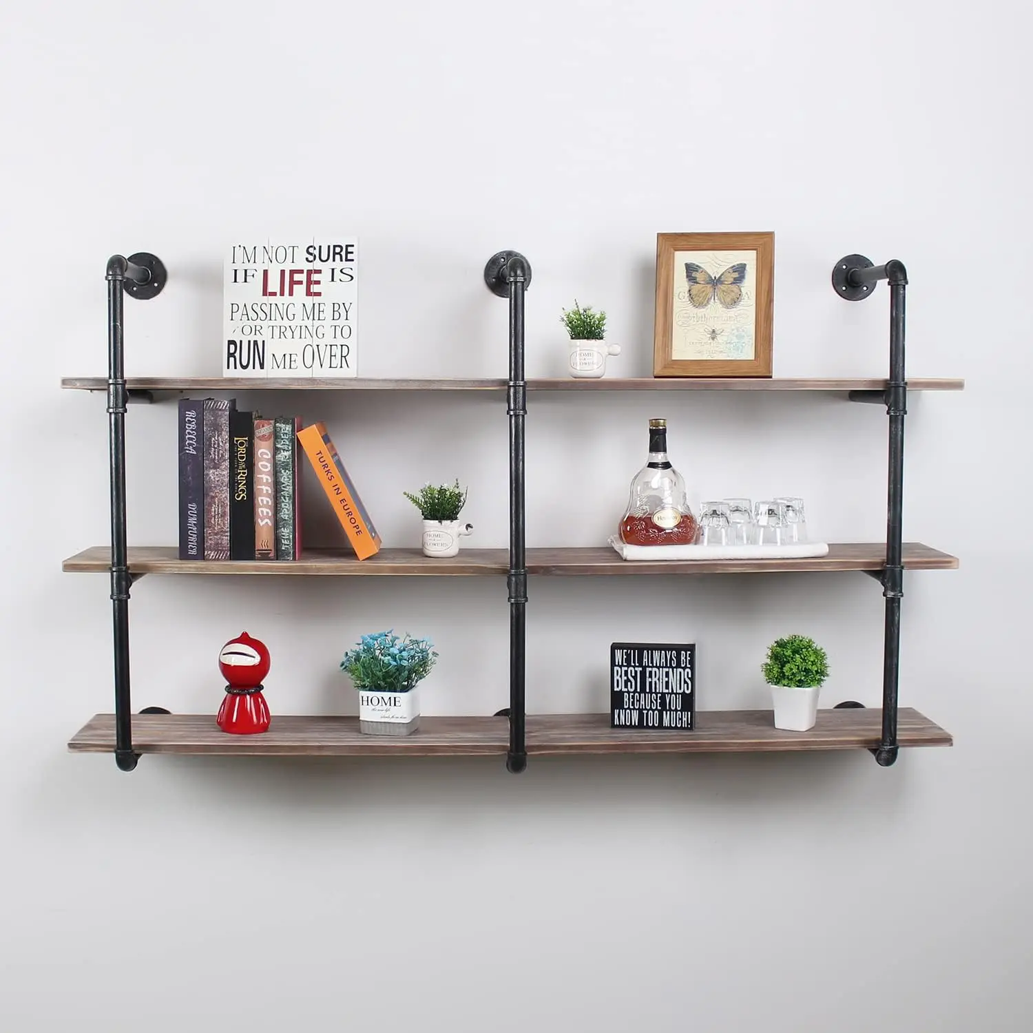 Industrial Pipe Shelving Wall Mounted,63In Rustic Metal Floating Shelves,Steampunk Real Wood Book Shelves,Wall Shelf Unit