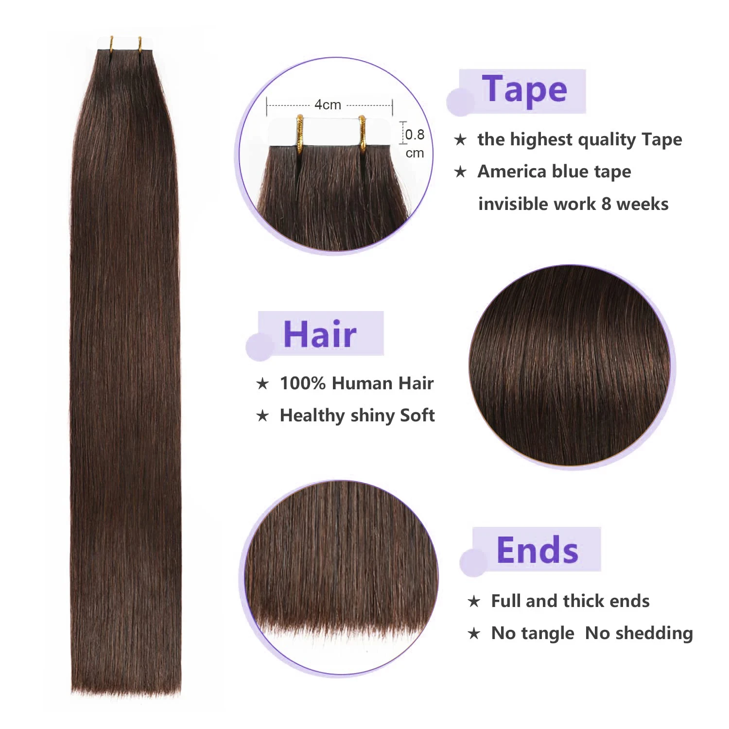 Dark Brown #2 Straight Tape In Hair Extensions 100% Remy Human Hair Adhesive Skin Weft Hair Silky For Women 16-26 Inch 20Pcs/Lot