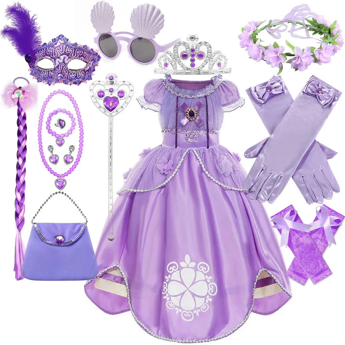 

Disney Sofia Complete Princess Set Girls Cosplay Sofia Purple Dress With Accessories Kids Halloween Birthday Puff Dress Up Gown