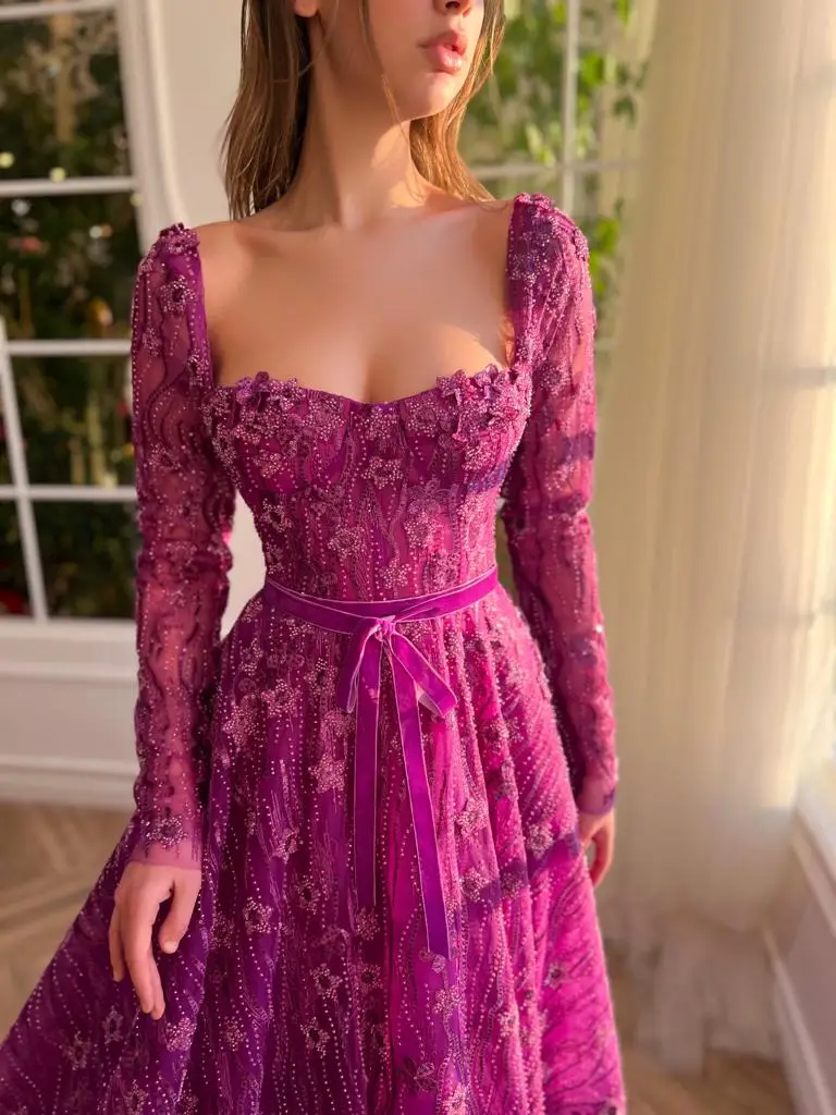 Vintage Fuchsia Tulle Prom Dresses Long Ball Gowns with Long Sleeve Square Collar Printed Floras Empire Wasit فساتين السهرة