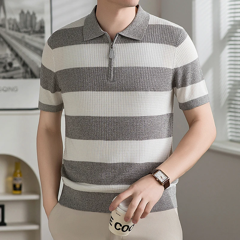 Men's summer short sleeved polo shirt washable 100% Lyocell comfortable half zip collar striped T-shirt
