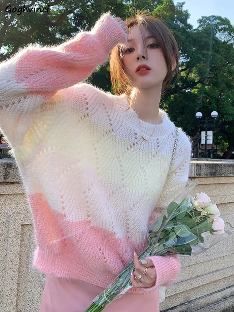 

Sweet Soft Pullovers Women Fall New Hollow Out Sweaters Young Girls Ins Laziness Korean Aesthetics Fashion Knitted Clothes Chic