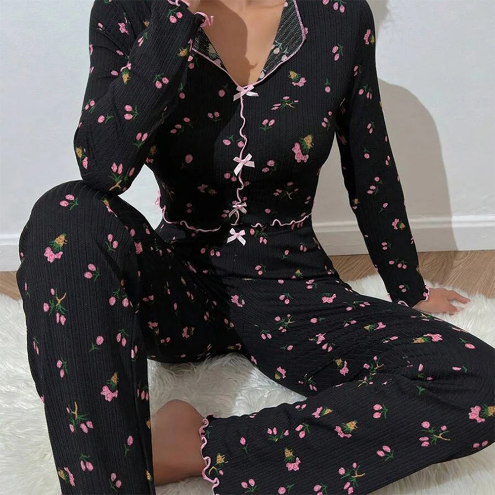 2024 Lounge Clothes Bow Lapel Long Sleeve Pajama Women Long Pants Two Piece Suit Home Suit Pajamas For Women Set
