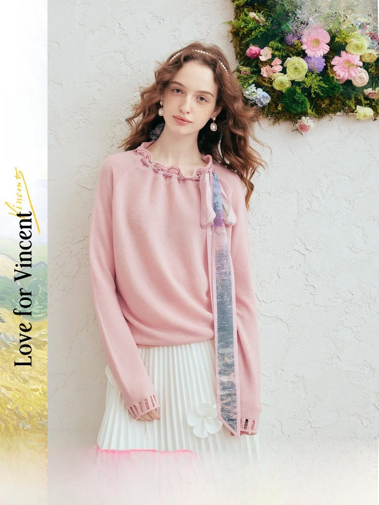

Artistic Spring Knitted Sweater for Women with Sa Pleated Collar Dstring Soft Acrylic And Lyocell Blend Casual Sweet Sle