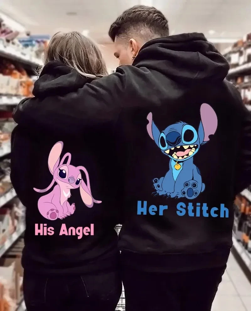 Hoodies femininos bonito casal roupas disney personagens lilo & stitch inverno quente padrão dos desenhos animados moletom harajuku streetwear