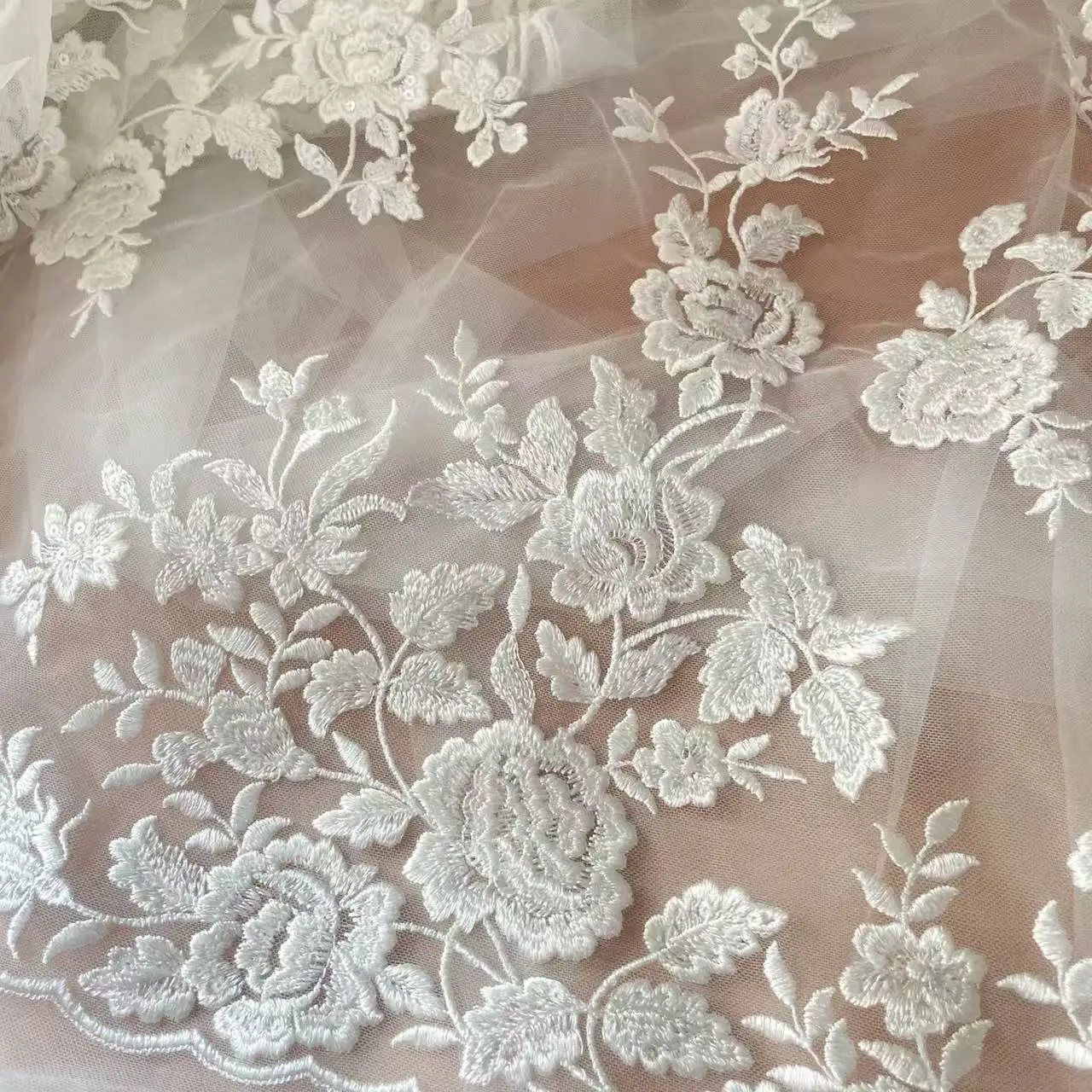 knee length dresses for ladies Laser-Cut 3D Flower Leaf Pearl Bridal Lace Fabric main image 0