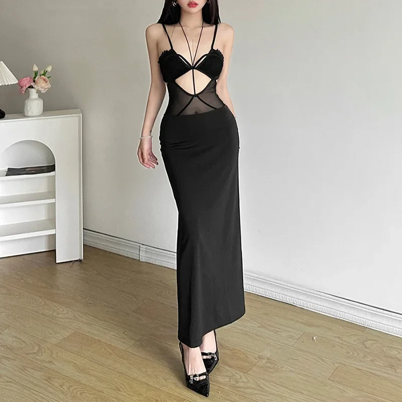 

SKMY-Women's Hollow Slim Fit Monochromatic Long Dress, Hollow Suspender, Sexy, French Girl, European and American Style, Summer