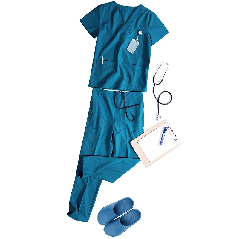 Functional Durable Medical Uniforms Nonelastic Basics Hospital Nursing Multiple Pockets Cargo Scrubs Sets for Women Men 8020