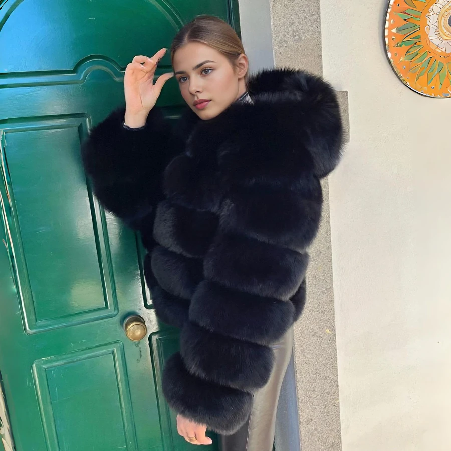 블랙 폭스 퍼 후드 크롭 폭스 퍼 재킷 정품 가죽 재킷 신상 여성 천연 퍼 코트