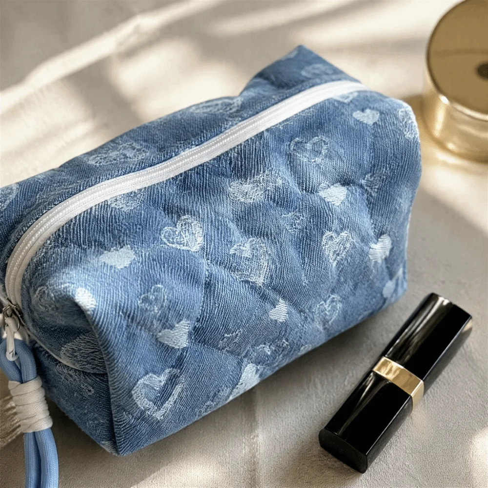 Large Capacity Butterfly Print Cosmetic Pouch Puffy Washable Denim Makeup Bag Heart Pillow Shape Clutch Handbag