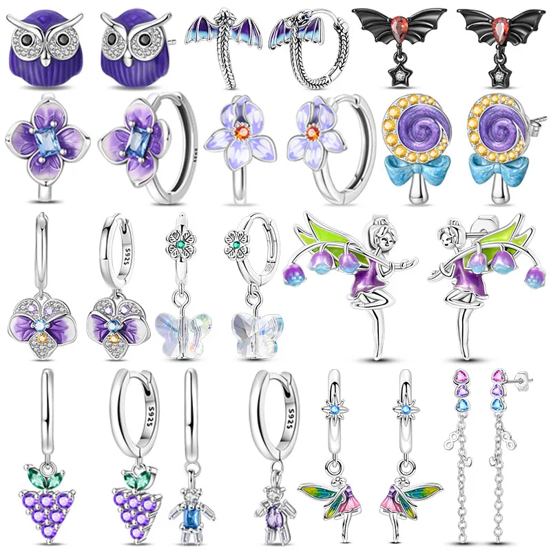 

Оригинальные серьги-кольца из стерлингового серебра 925 пробы с фиолетовым цветком и совой, женские серьги-гвоздики с цирконием 2025, сверкающие серьги-кольца, ювелирные изделия, подарок