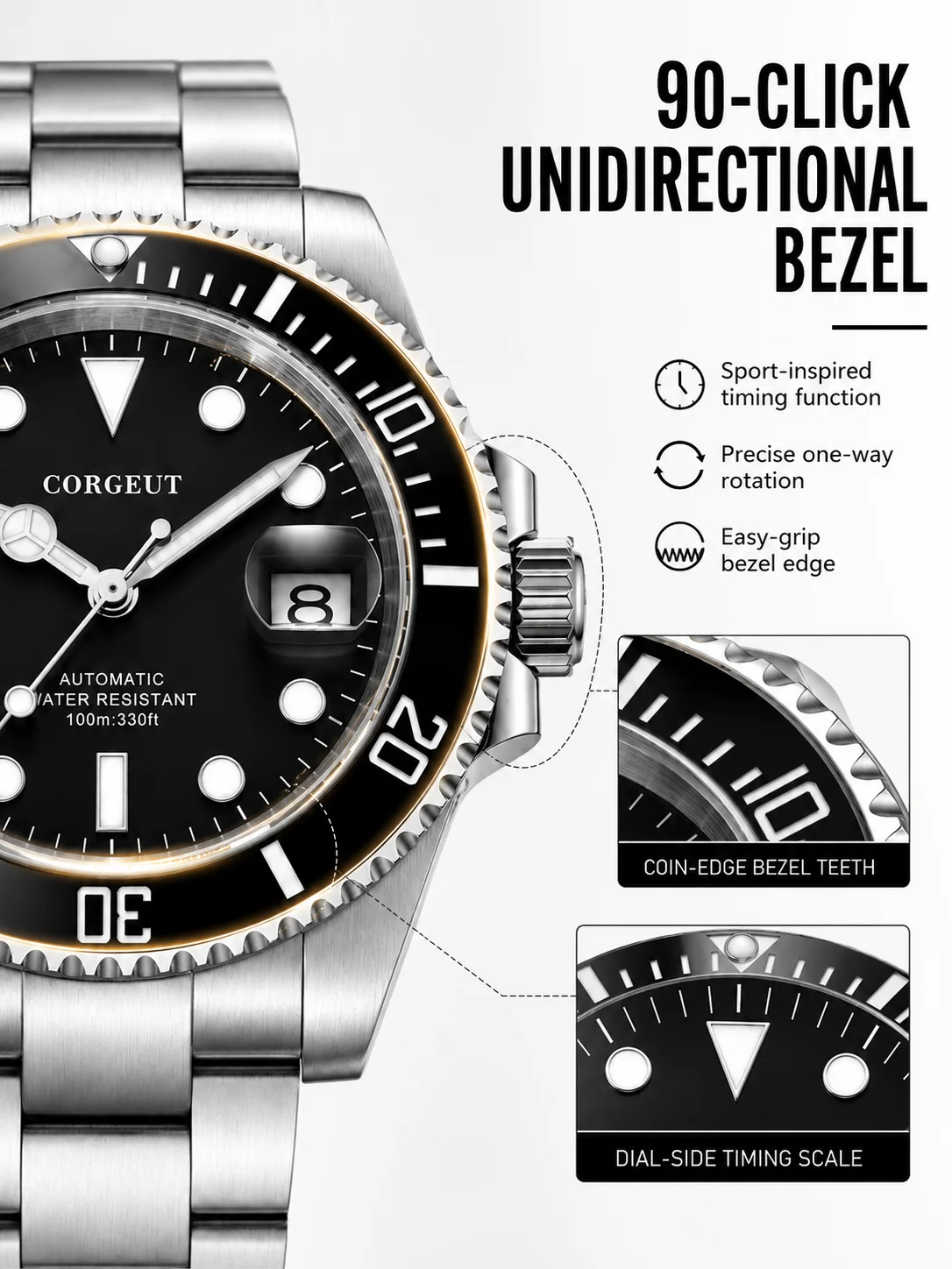CORGEUT 6001G NH35 Automatische Taucheruhr 40mm Saphirglas 100M Wasserdicht Stahlarmband – Detail 6