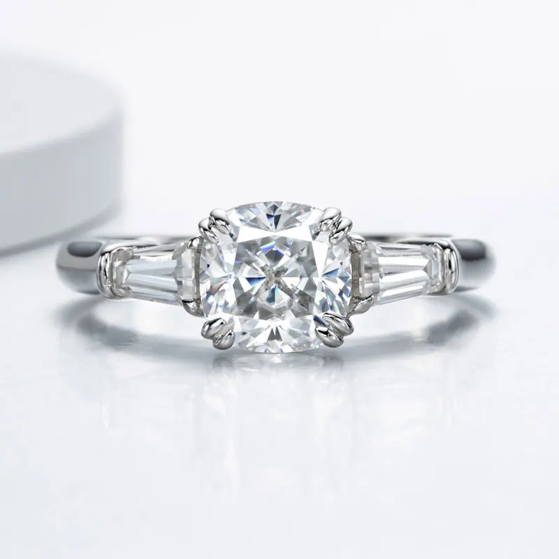 DEZO All Moissanite Engagement Rings For Women Three Stone Solid 925 Silver Cushion Cut 2 Carat VVS1 D Color GRA Certificate