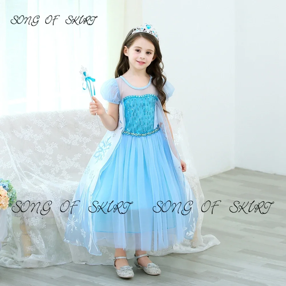 Customized Ankle-Length Short Sleeve Blue Wedding Flower Girl Dresses O-neck Tulle Illusion Skirt Daughter Princess Communion Go