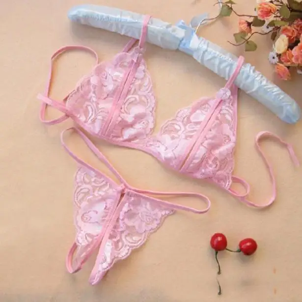 Conjunto de lencería Sexy con cordones para mujer, ropa interior transparente de entrepierna abierta exótica caliente, Bikini de vendaje de Tanga, conjunto de tres puntos