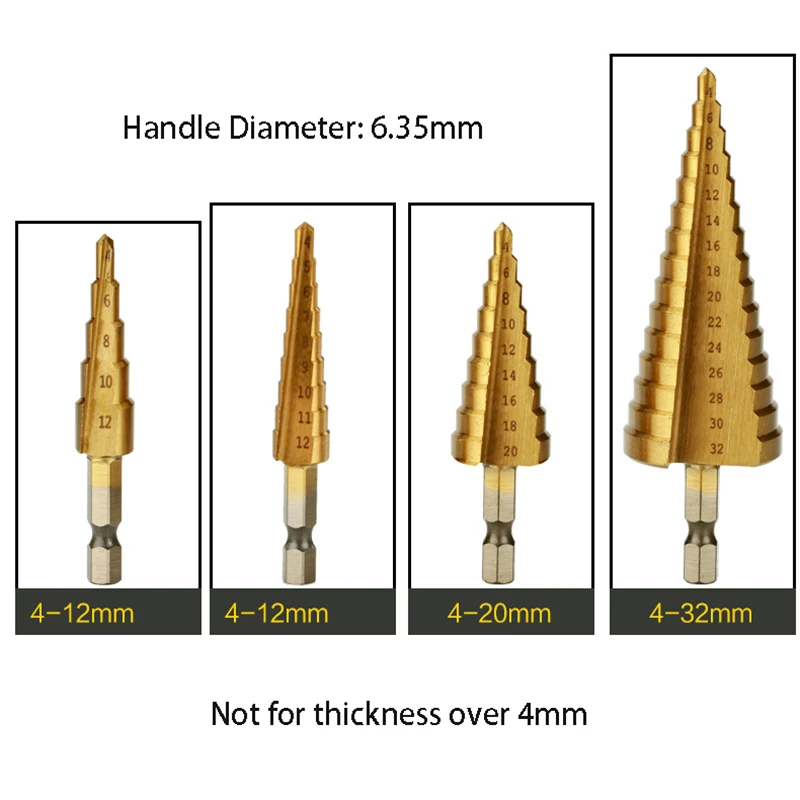 3pcs HSS Titanium-Coated Spiral Groove Step Drill Bit 4-12 4-20 4-32 Power Tool Step Drill Bits Set Metal Multi-Hole Taper Drill