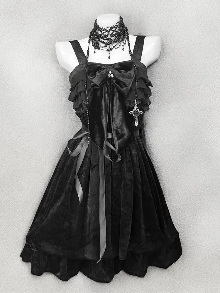 اليابانية Y2k الجمالية لوليتا نمط القوس فستان أسود المرأة القوطية الدانتيل مضيئة كم زر قميص فستان سليم حفلة صغيرة Y2k فستان