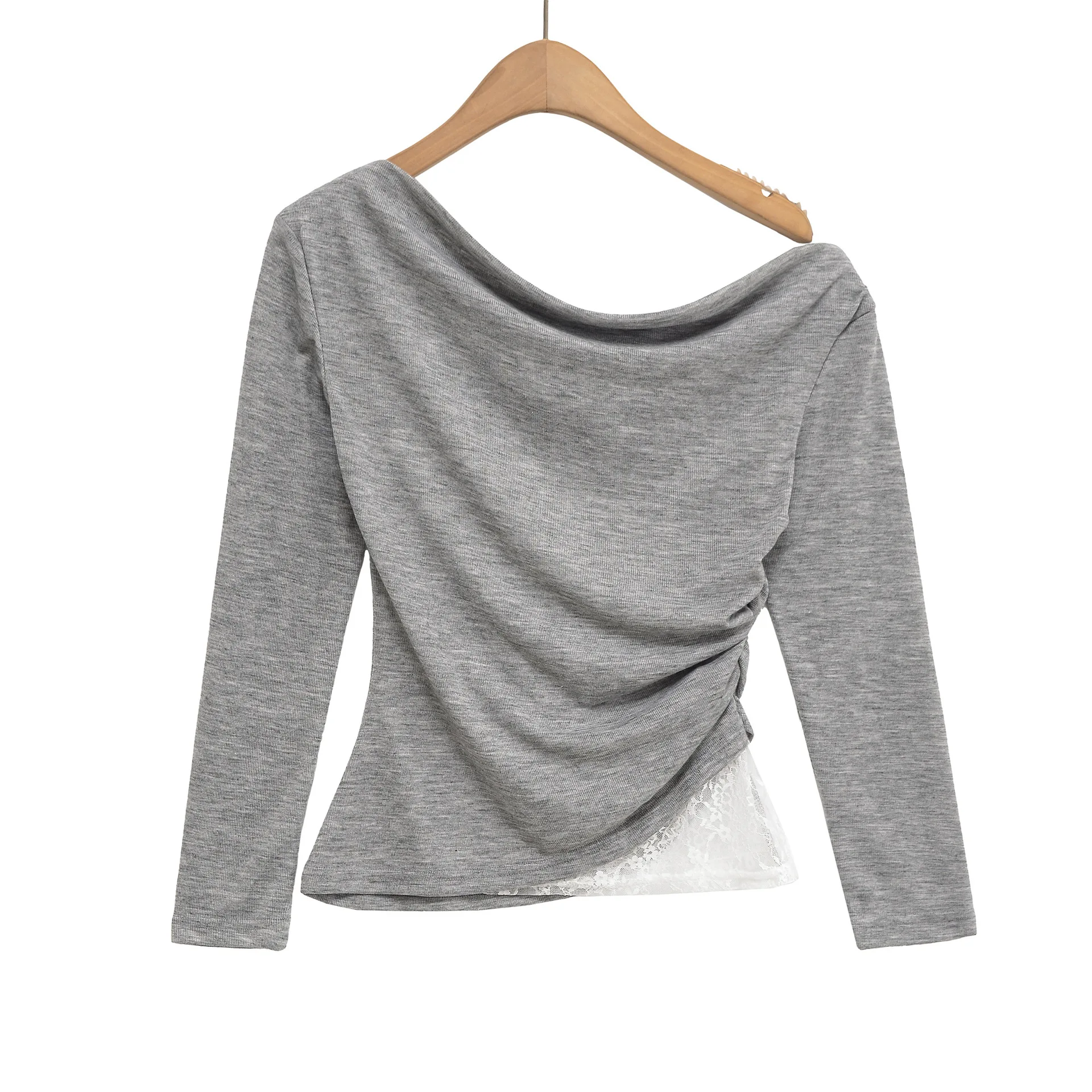 2025 primavera e autunno nuovo stile europeo e americano falso in due pezzi cuciture in pizzo pieghettato leggero stile maturo T-shirt