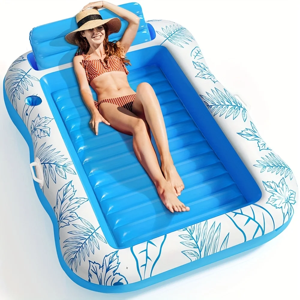 Flotador de playa Tropical azul y blanco, salón de piscina inflable con diseño de hoja de palma, Material de PVC duradero para vacaciones de verano, 1 ud.