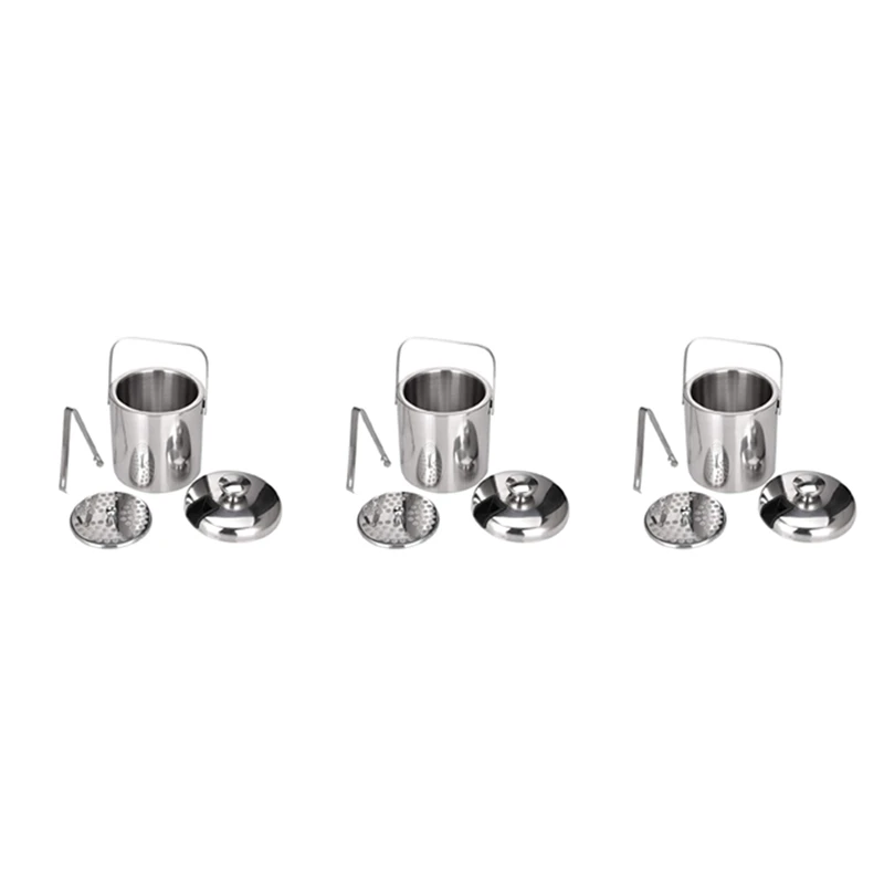 

3X Stainless Steel Ice Square Container Double Walled 1.3L Ice Bucket Container With Tongs Lid